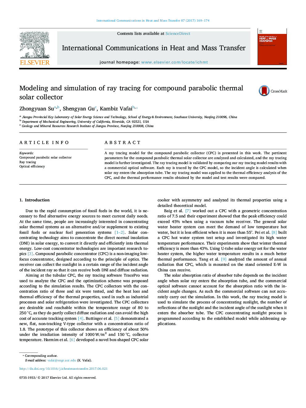 Modeling and simulation of ray tracing for compound parabolic thermal solar collector