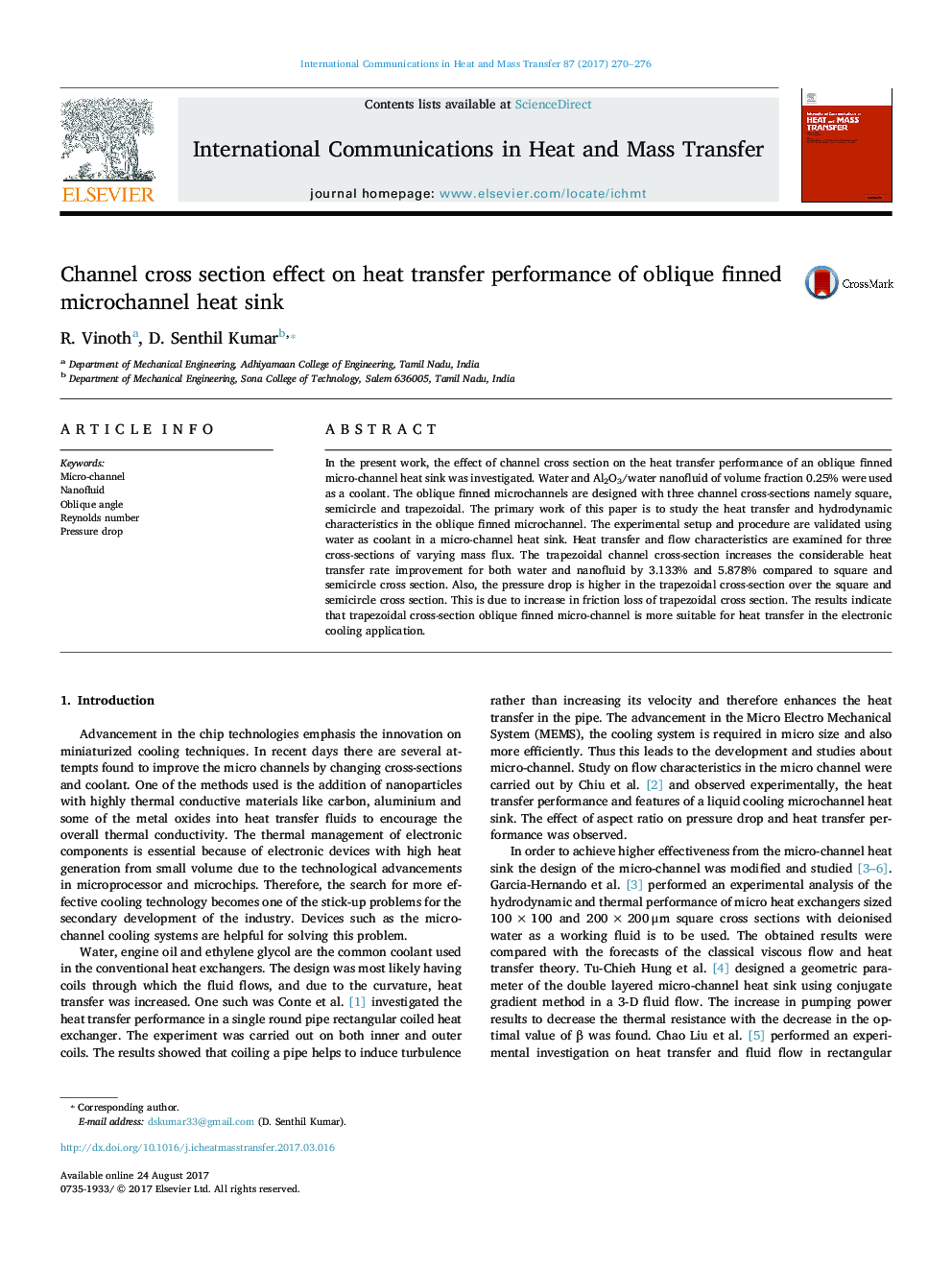 Channel cross section effect on heat transfer performance of oblique finned microchannel heat sink