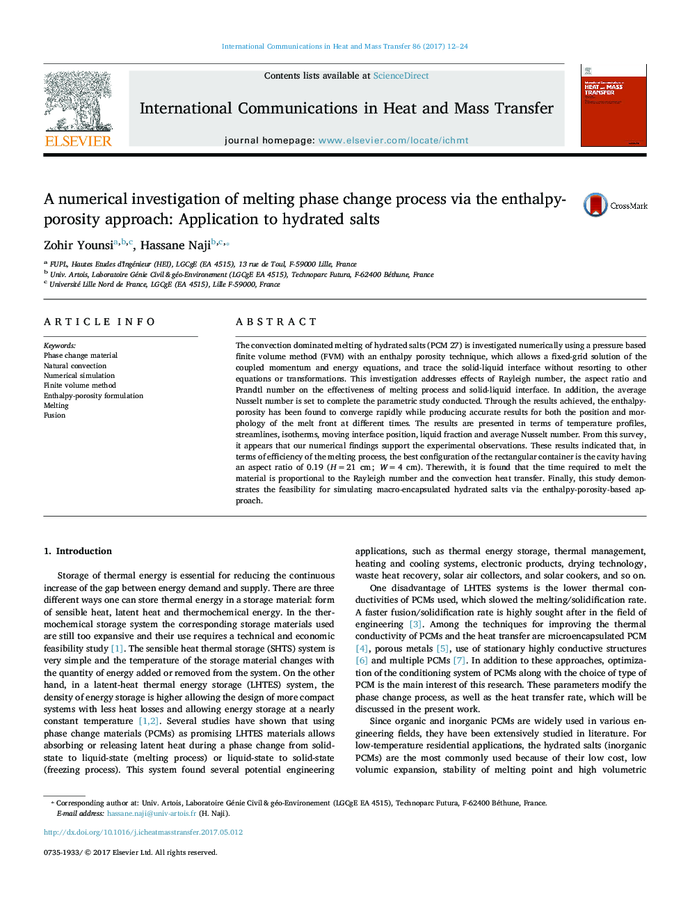 A numerical investigation of melting phase change process via the enthalpy-porosity approach: Application to hydrated salts