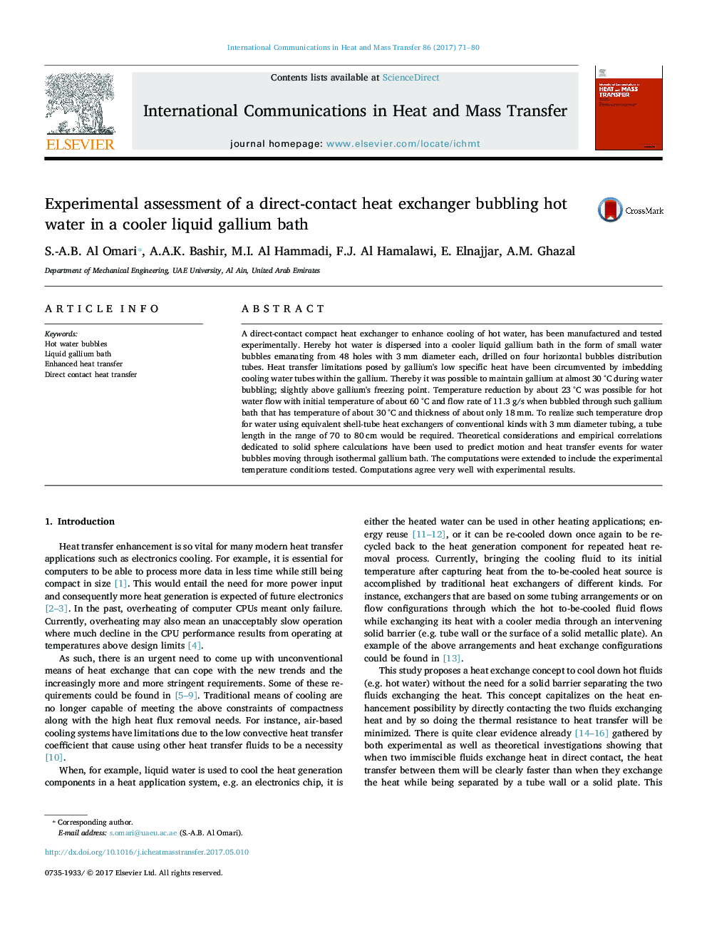 Experimental assessment of a direct-contact heat exchanger bubbling hot water in a cooler liquid gallium bath