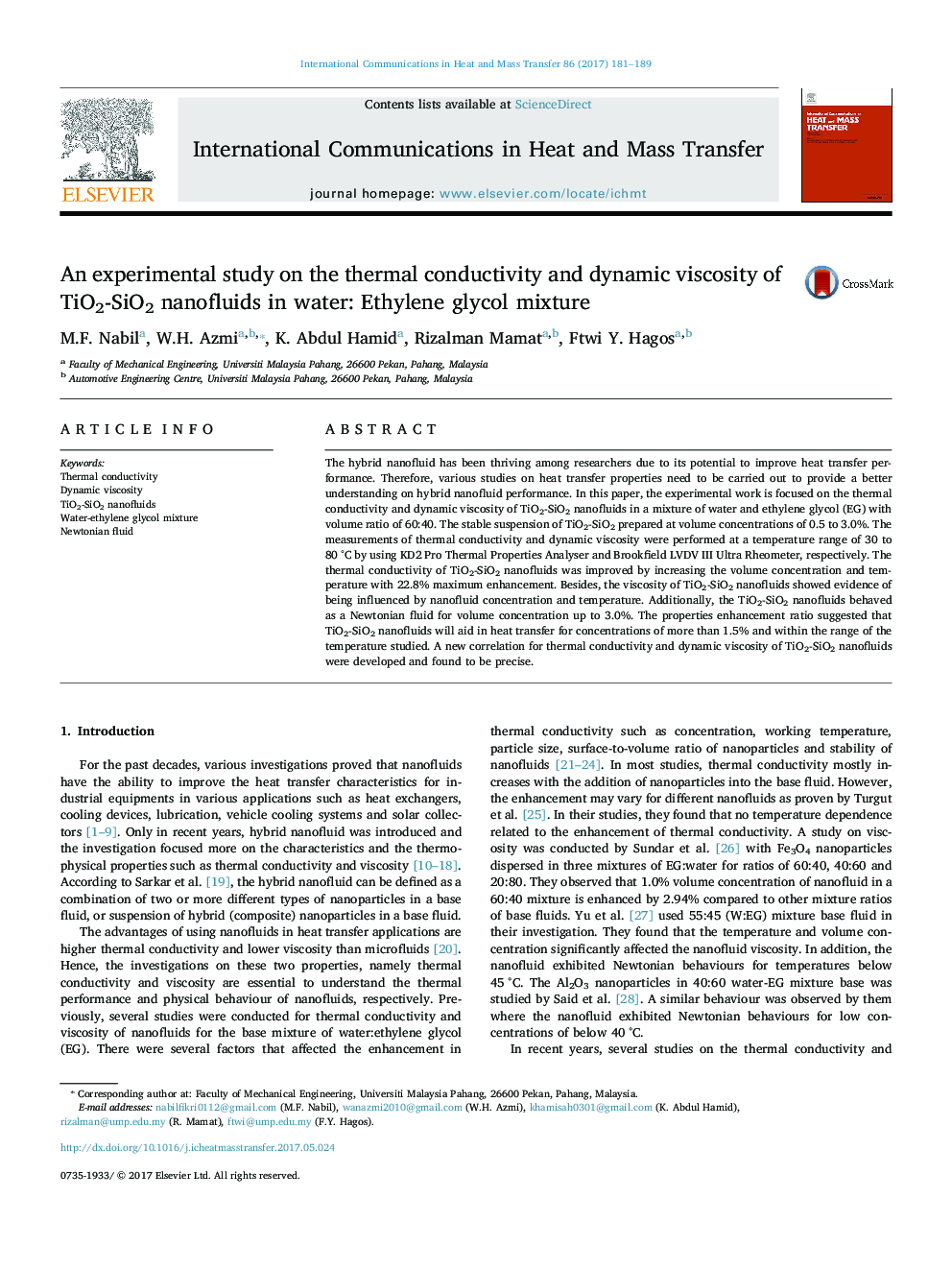 An experimental study on the thermal conductivity and dynamic viscosity of TiO2-SiO2 nanofluids in water: Ethylene glycol mixture