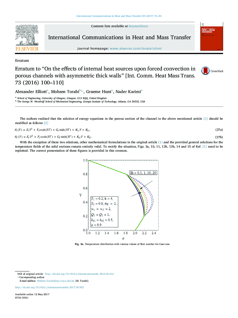 Erratum to “On the effects of internal heat sources upon forced convection in porous channels with asymmetric thick walls” [Int. Comm. Heat Mass Trans. 73 (2016) 100-110]