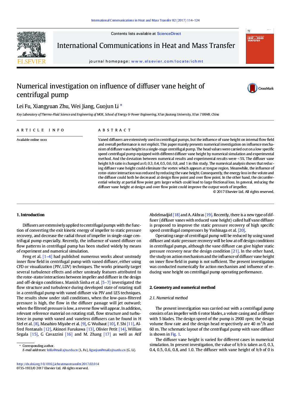 Numerical investigation on influence of diffuser vane height of centrifugal pump