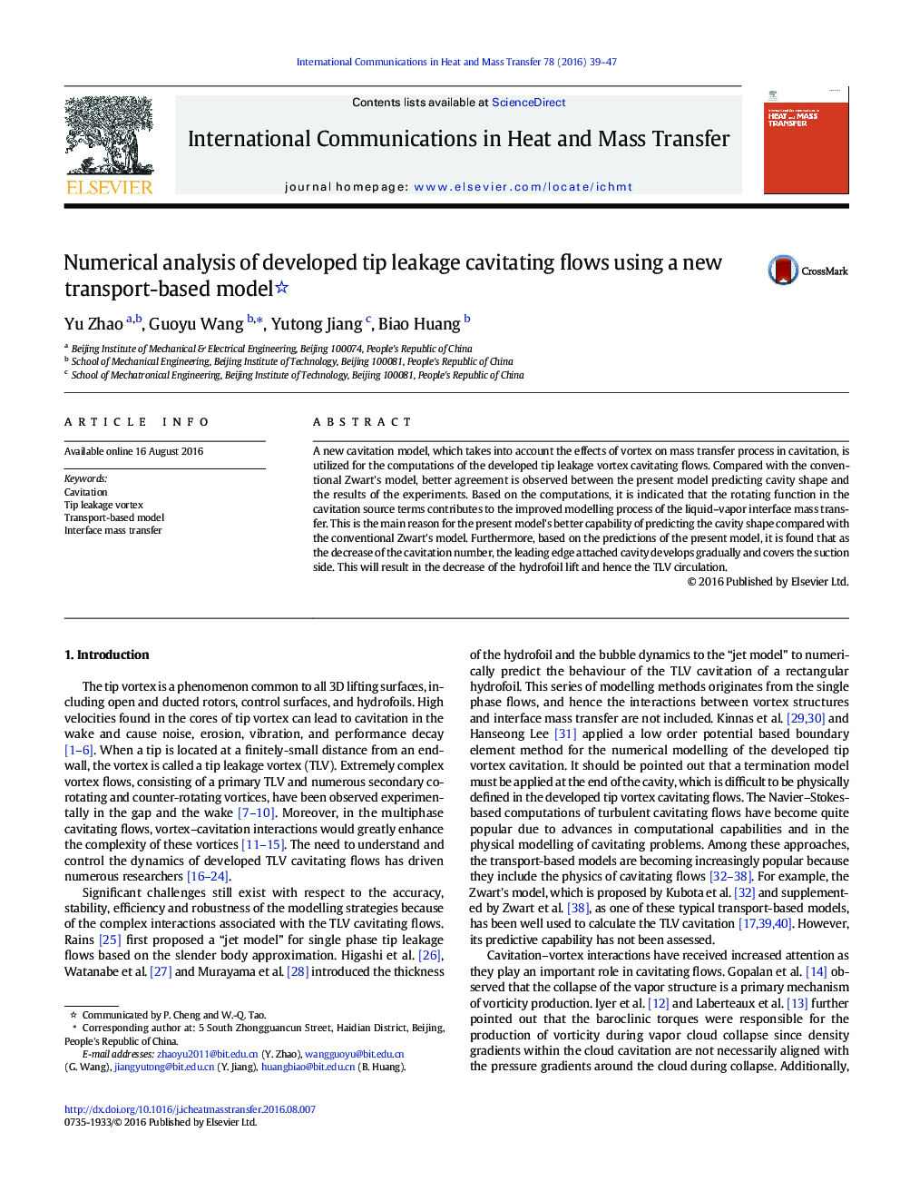 Numerical analysis of developed tip leakage cavitating flows using a new transport-based model