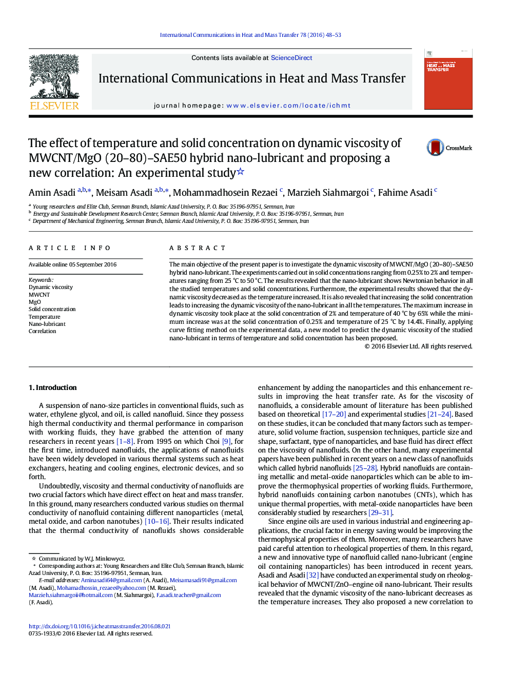 The effect of temperature and solid concentration on dynamic viscosity of MWCNT/MgO (20-80)-SAE50 hybrid nano-lubricant and proposing a new correlation: An experimental study