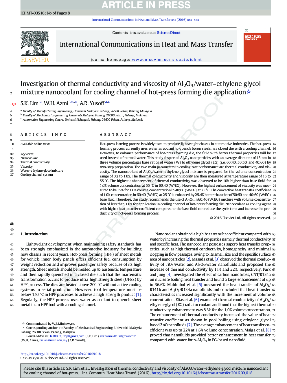 عکس صفحه اول مقاله: Investigation of thermal conductivity and viscosity of Al2O3/water-ethylene glycol mixture nanocoolant for cooling channel of hot-press forming die application Investigation of thermal conductivity and viscosity of Al2O3/water-ethylene glycol mixture nanocoolant for cooling channel of hot-press forming die application