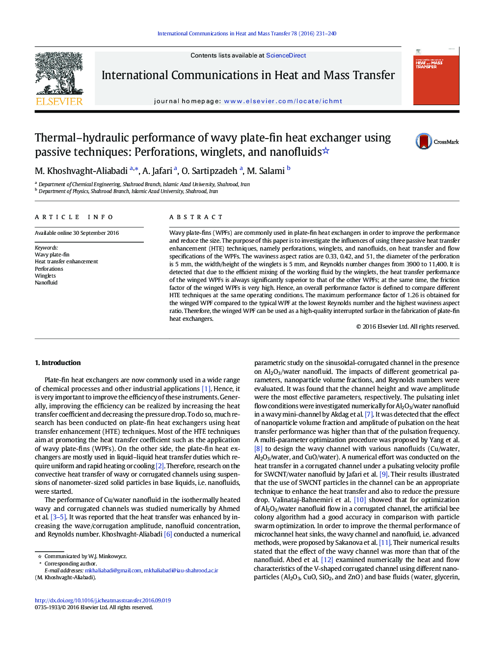 Thermal-hydraulic performance of wavy plate-fin heat exchanger using passive techniques: Perforations, winglets, and nanofluids