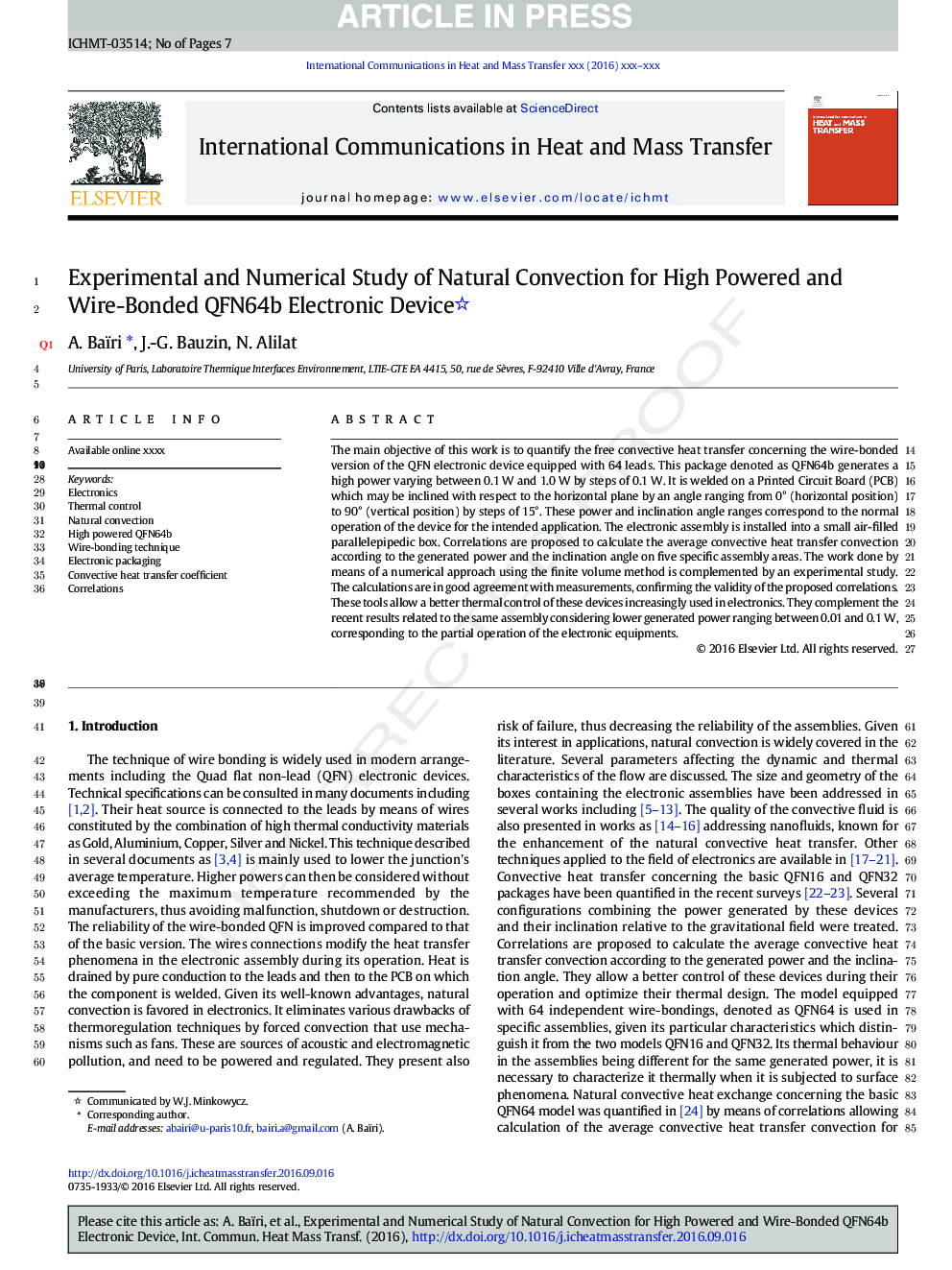 Experimental and Numerical Study of Natural Convection for High Powered and Wire-Bonded QFN64b Electronic Device