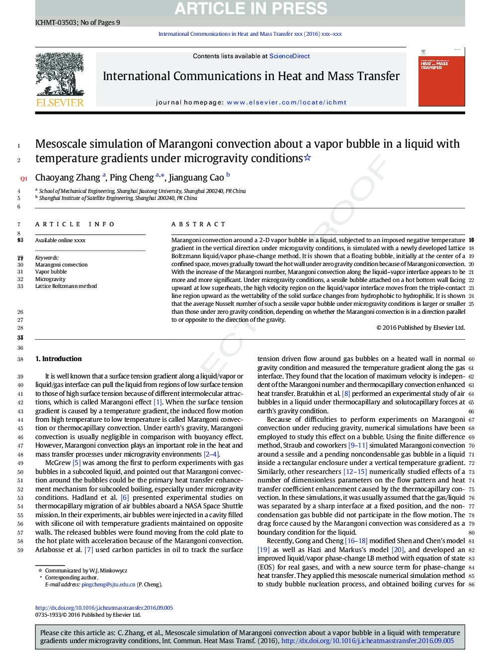 Mesoscale simulation of Marangoni convection about a vapor bubble in a liquid with temperature gradients under microgravity conditions