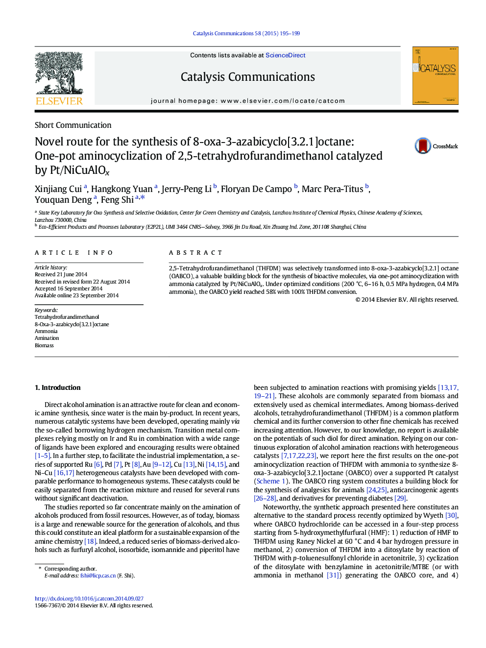 Novel route for the synthesis of 8-oxa-3-azabicyclo[3.2.1]octane: One-pot aminocyclization of 2,5-tetrahydrofurandimethanol catalyzed by Pt/NiCuAlOx