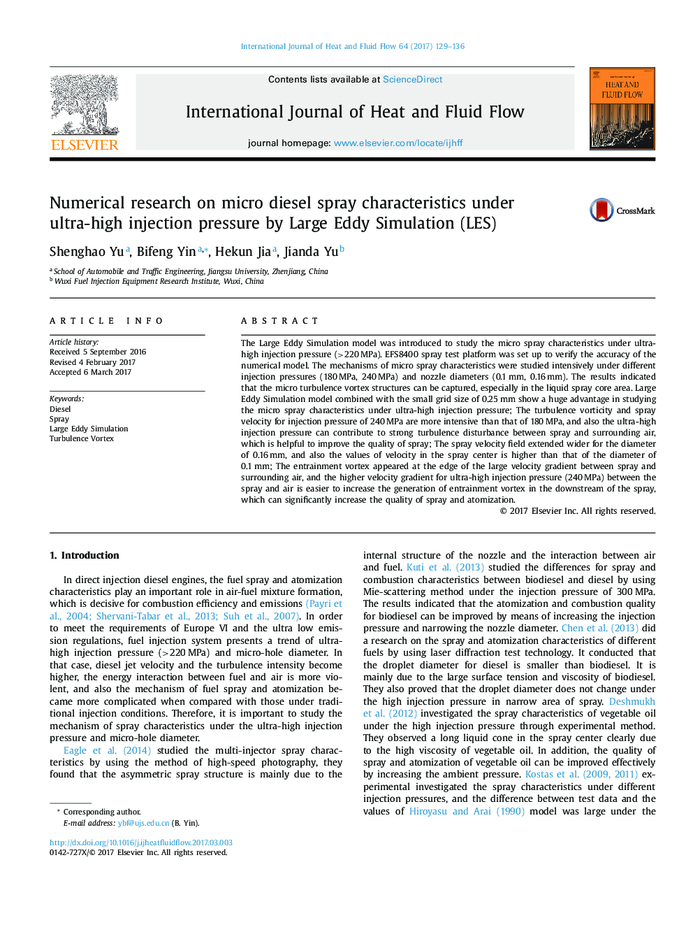 Numerical research on micro diesel spray characteristics under ultra-high injection pressure by Large Eddy Simulation (LES)