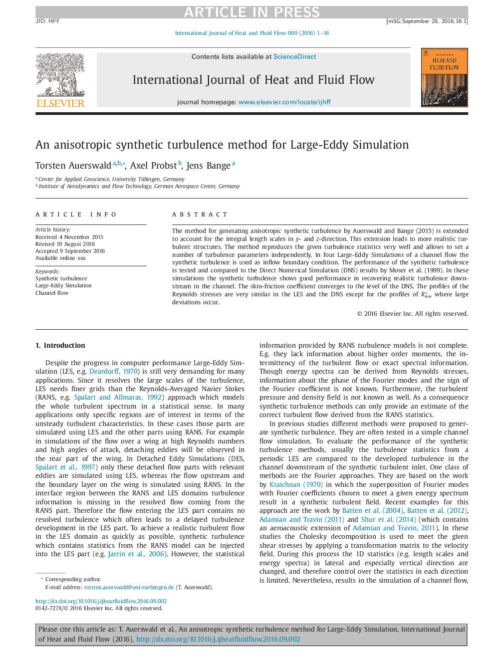 An anisotropic synthetic turbulence method for Large-Eddy Simulation