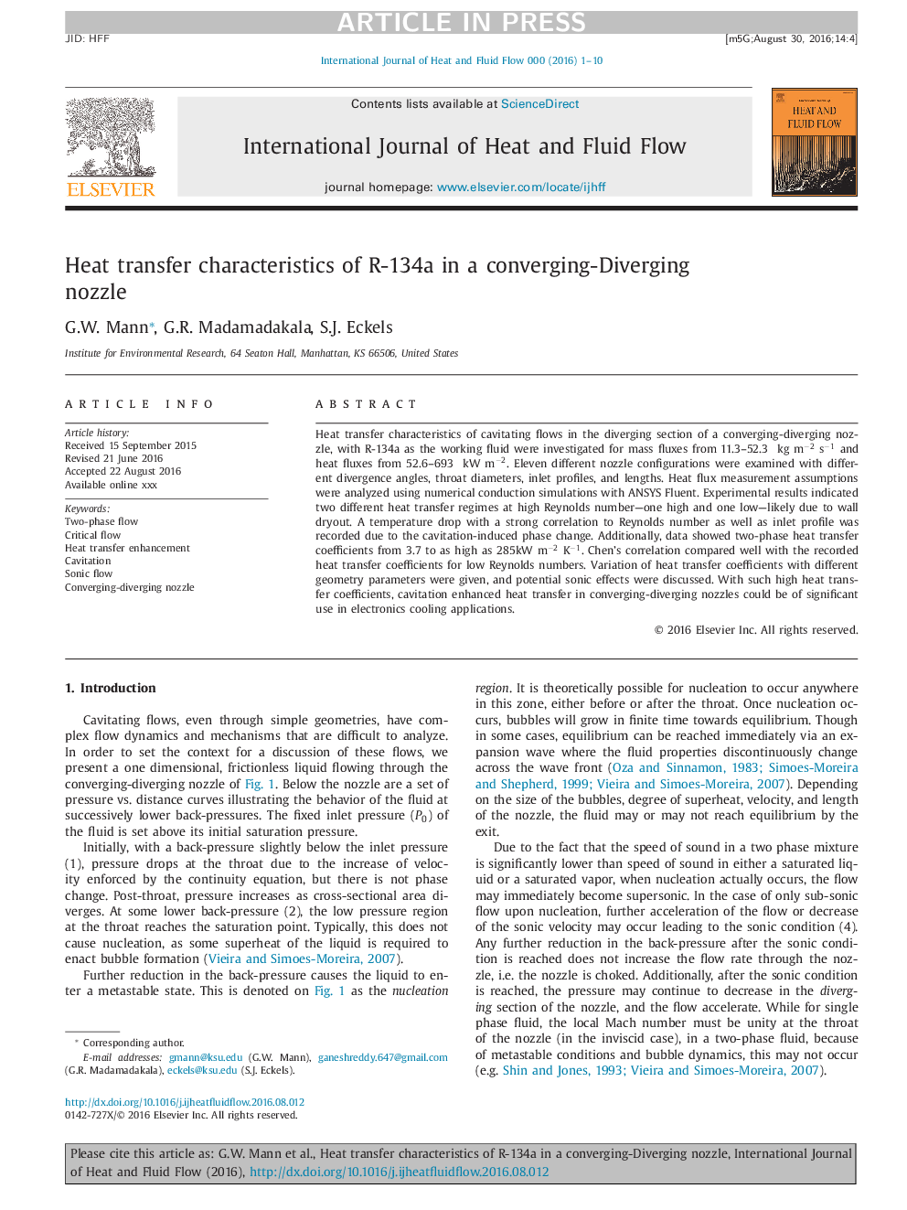 Heat transfer characteristics of R-134a in a converging-Diverging nozzle