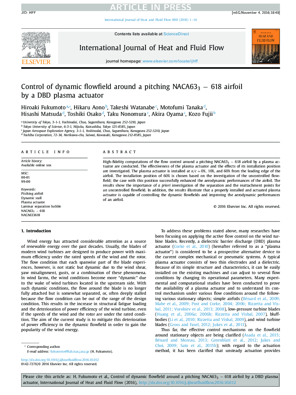 Control of dynamic flowfield around a pitching NACA633â618 airfoil by a DBD plasma actuator