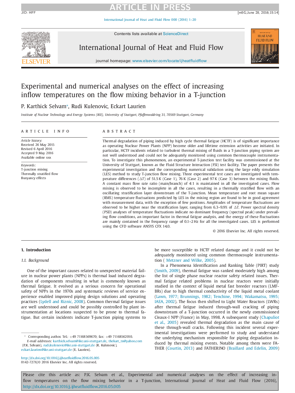 Experimental and numerical analyses on the effect of increasing inflow temperatures on the flow mixing behavior in a T-junction