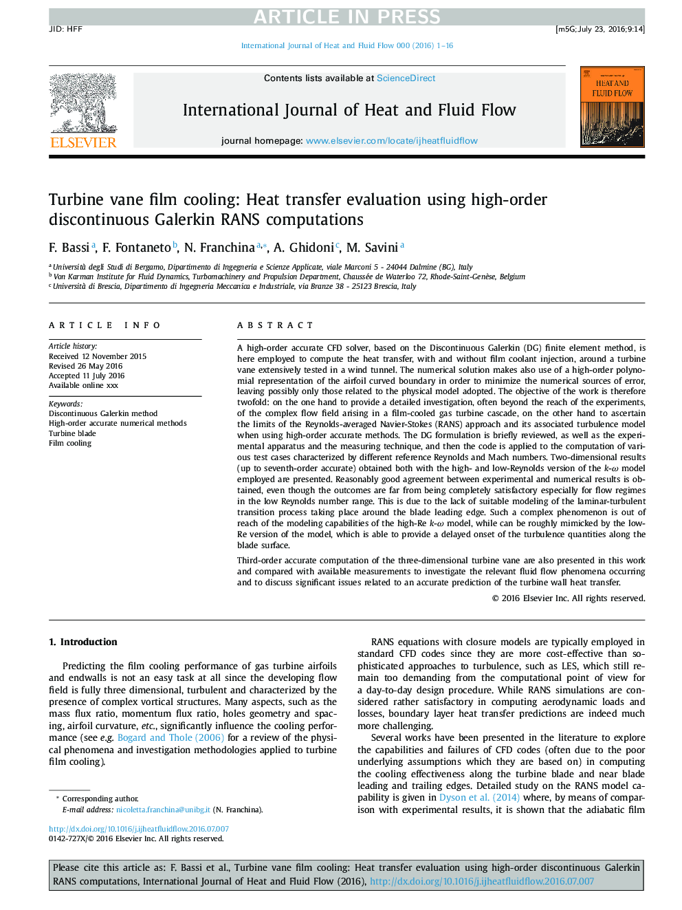 Turbine vane film cooling: Heat transfer evaluation using high-order discontinuous Galerkin RANS computations