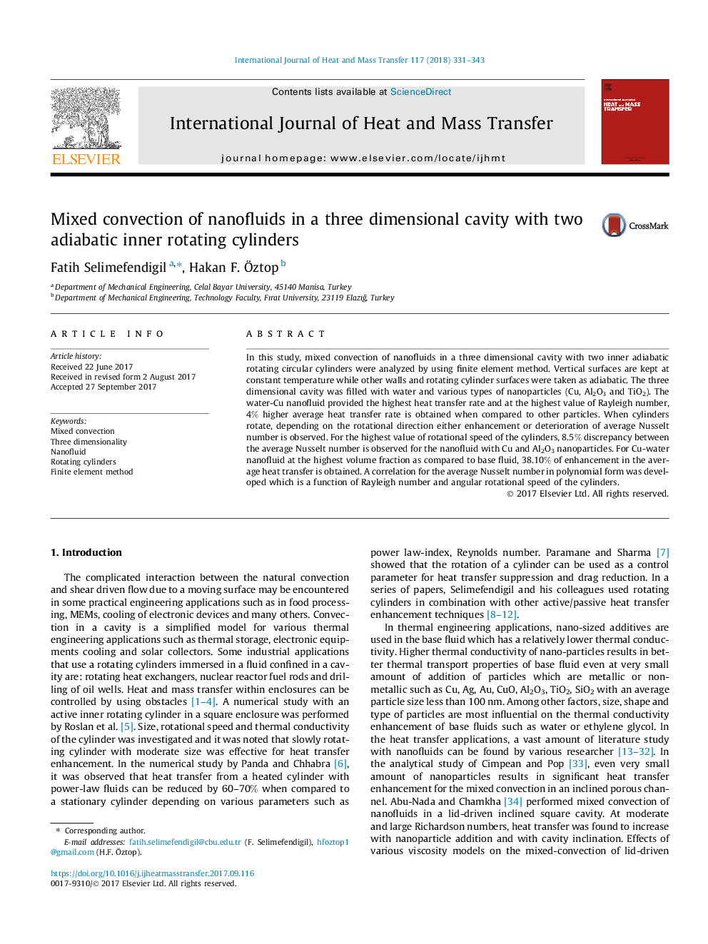 Mixed convection of nanofluids in a three dimensional cavity with two adiabatic inner rotating cylinders