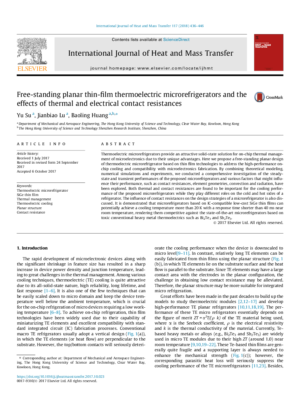 Free-standing planar thin-film thermoelectric microrefrigerators and the effects of thermal and electrical contact resistances