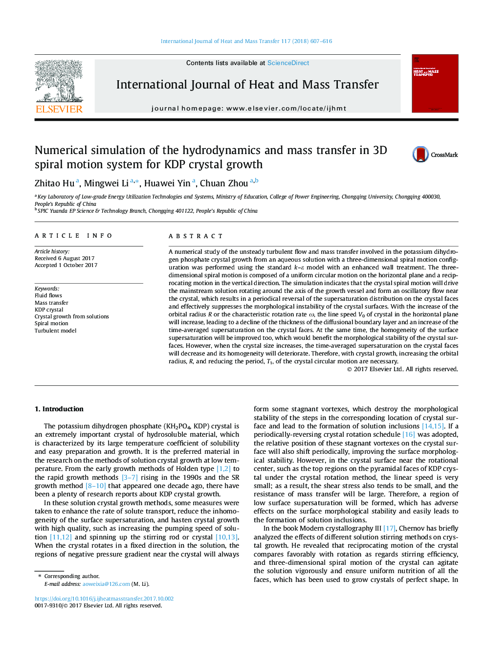 Numerical simulation of the hydrodynamics and mass transfer in 3D spiral motion system for KDP crystal growth