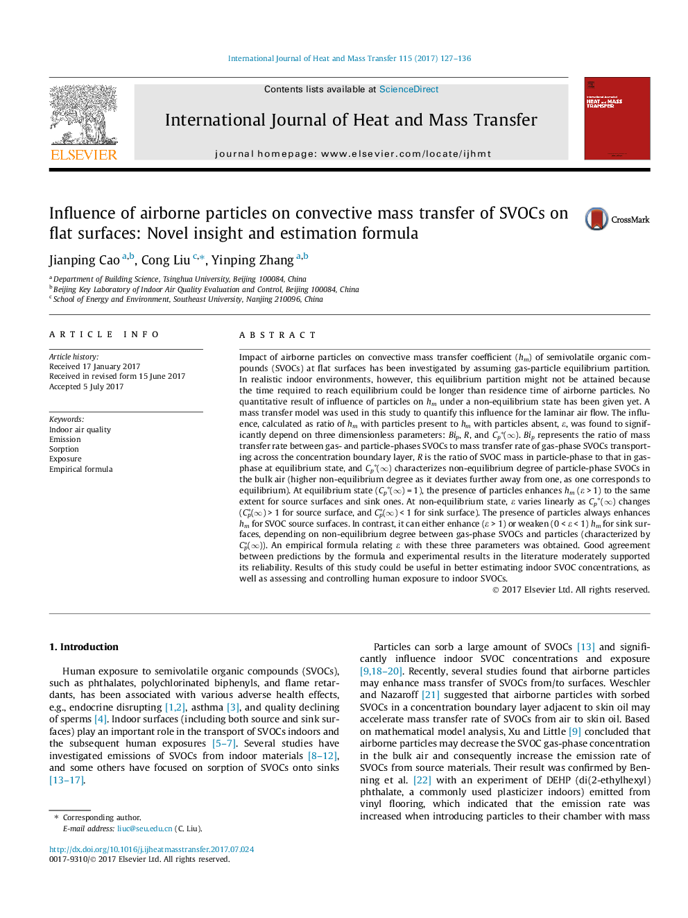 Influence of airborne particles on convective mass transfer of SVOCs on flat surfaces: Novel insight and estimation formula