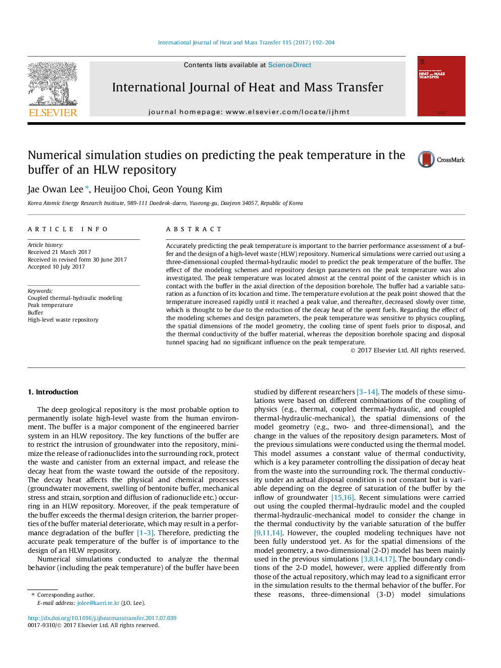 Numerical simulation studies on predicting the peak temperature in the buffer of an HLW repository