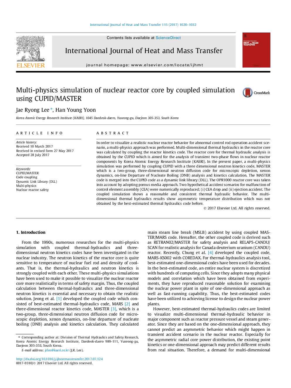 Multi-physics simulation of nuclear reactor core by coupled simulation using CUPID/MASTER