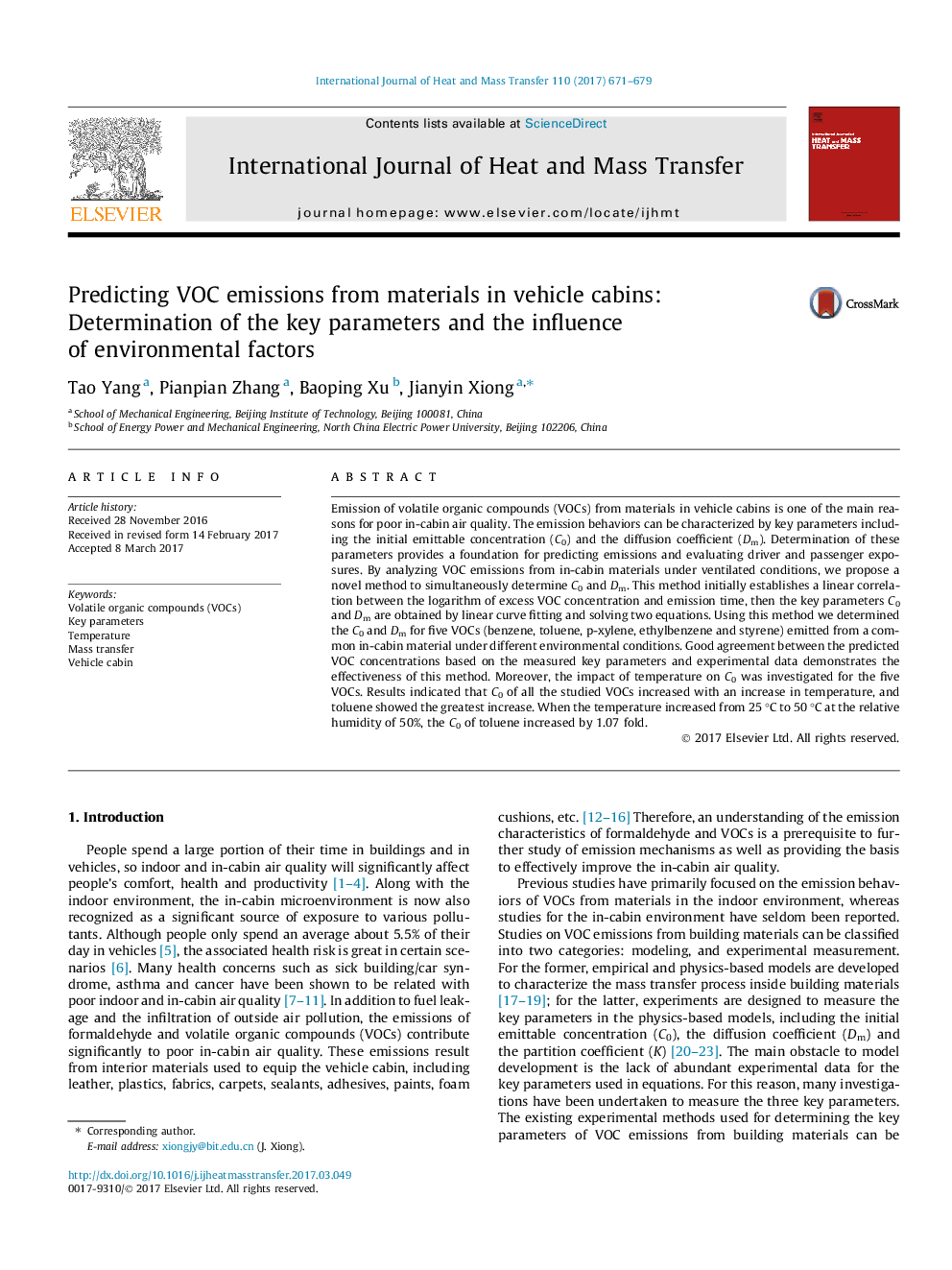 Predicting VOC emissions from materials in vehicle cabins: Determination of the key parameters and the influence of environmental factors