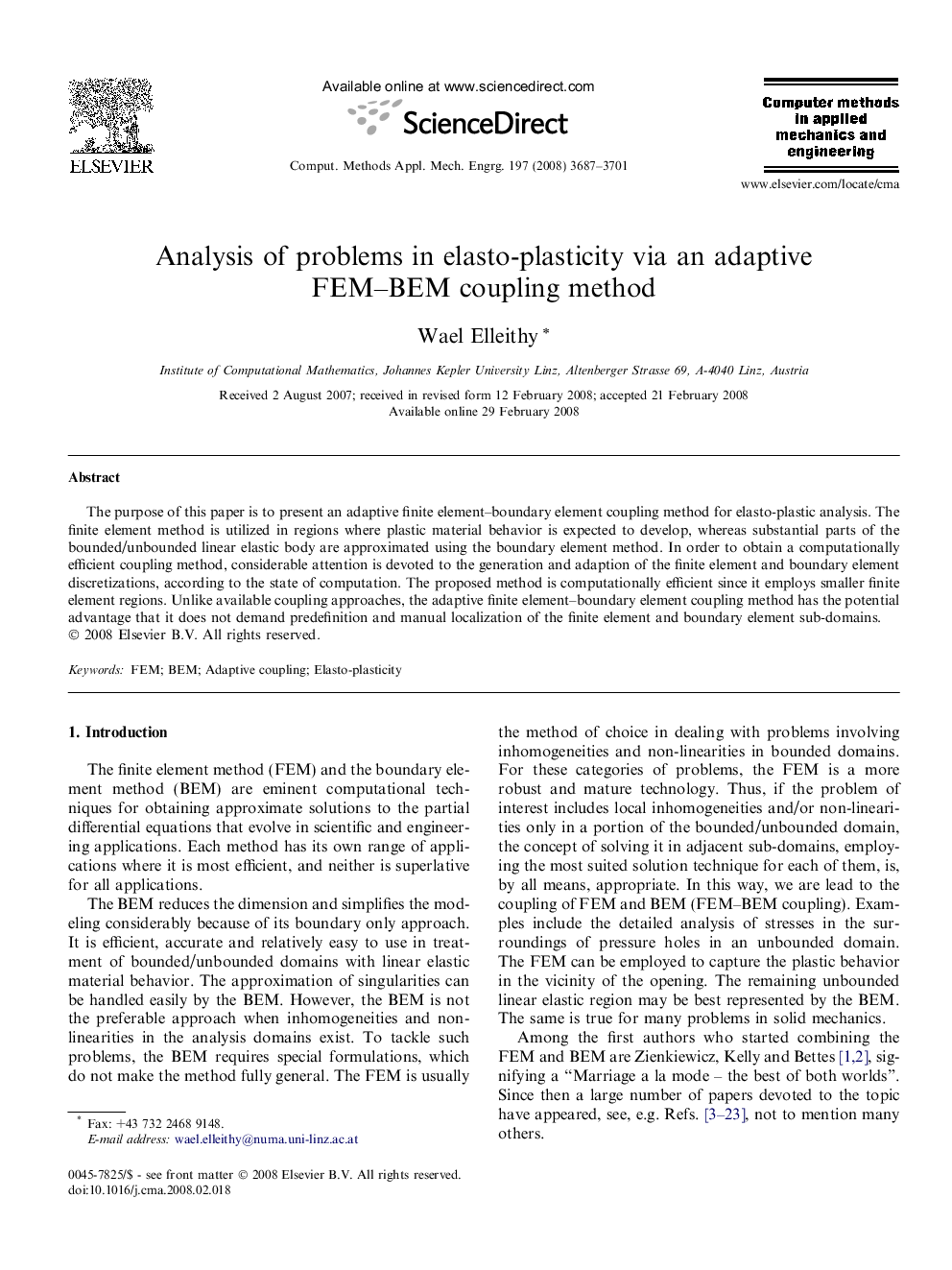 Analysis of problems in elasto-plasticity via an adaptive FEM–BEM coupling method