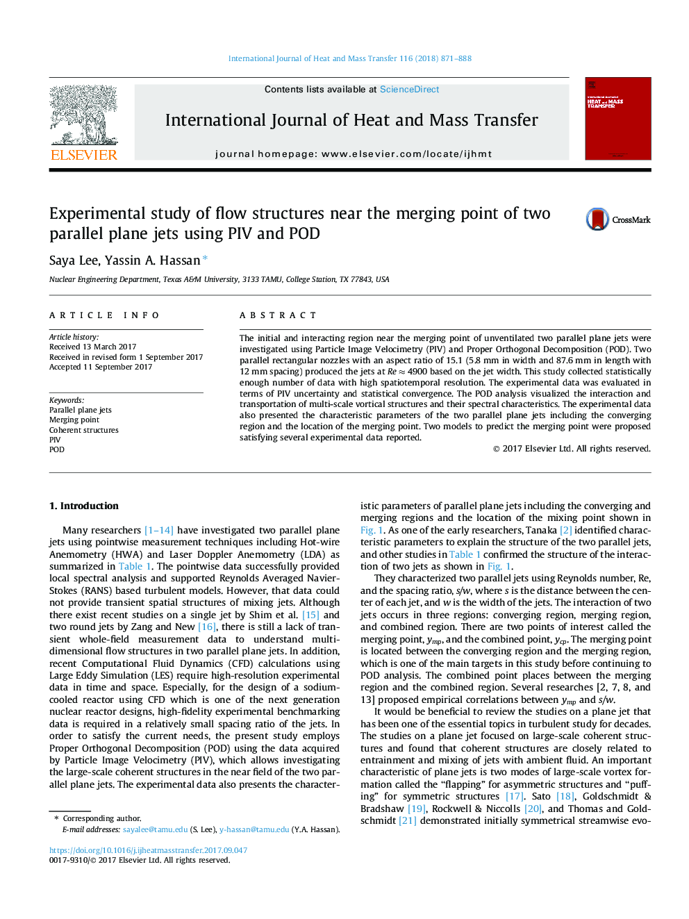 Experimental study of flow structures near the merging point of two parallel plane jets using PIV and POD