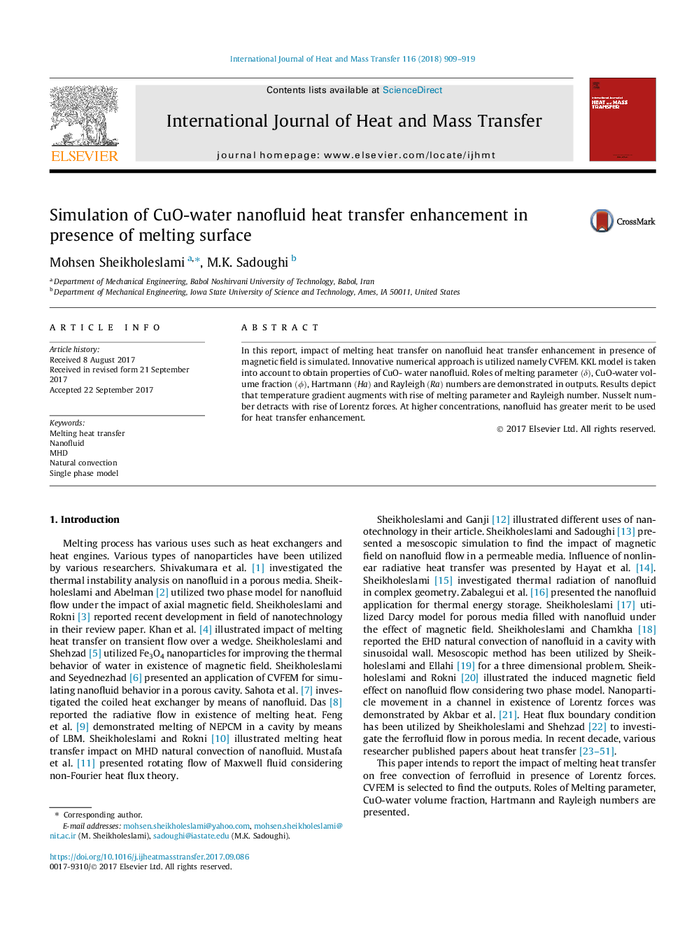 Simulation of CuO-water nanofluid heat transfer enhancement in presence of melting surface