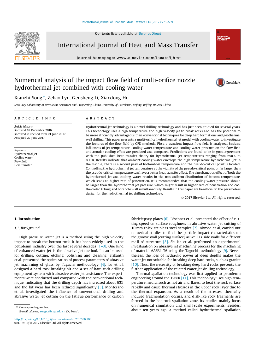 Numerical analysis of the impact flow field of multi-orifice nozzle hydrothermal jet combined with cooling water