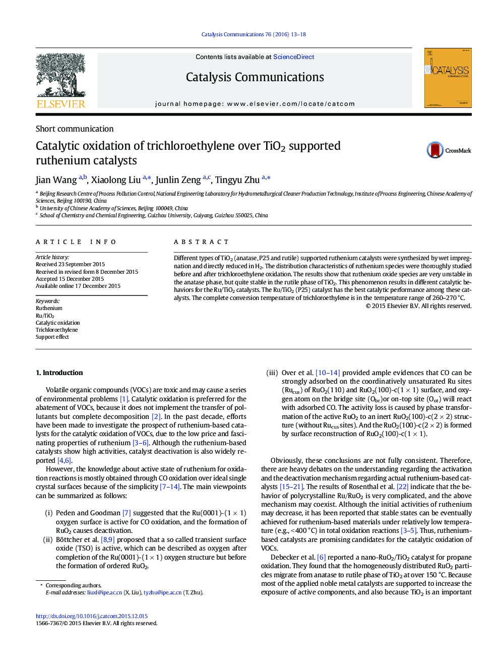 Catalytic oxidation of trichloroethylene over TiO2 supported ruthenium catalysts