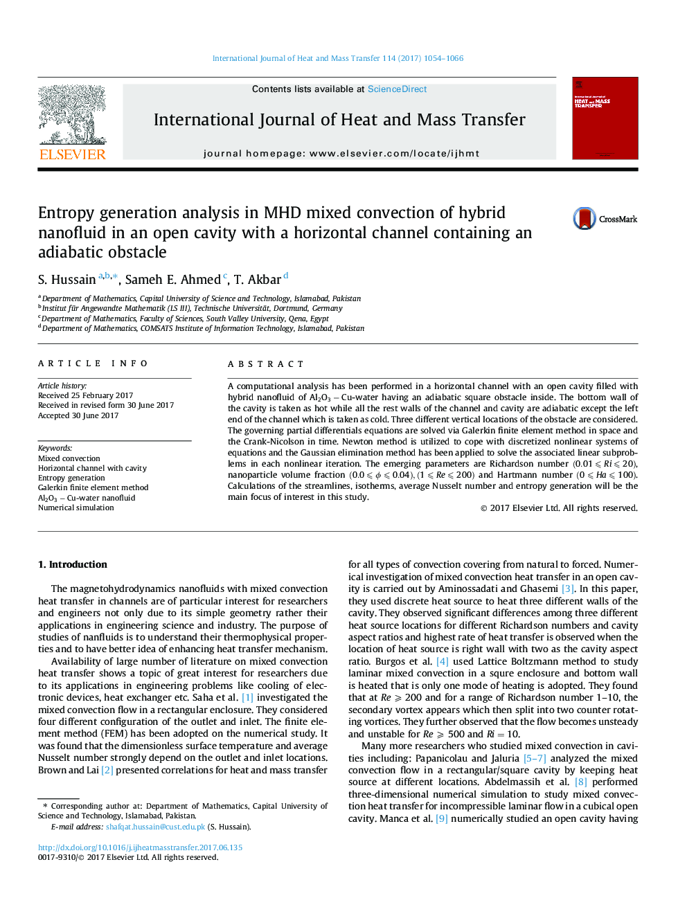 Entropy generation analysis in MHD mixed convection of hybrid nanofluid in an open cavity with a horizontal channel containing an adiabatic obstacle