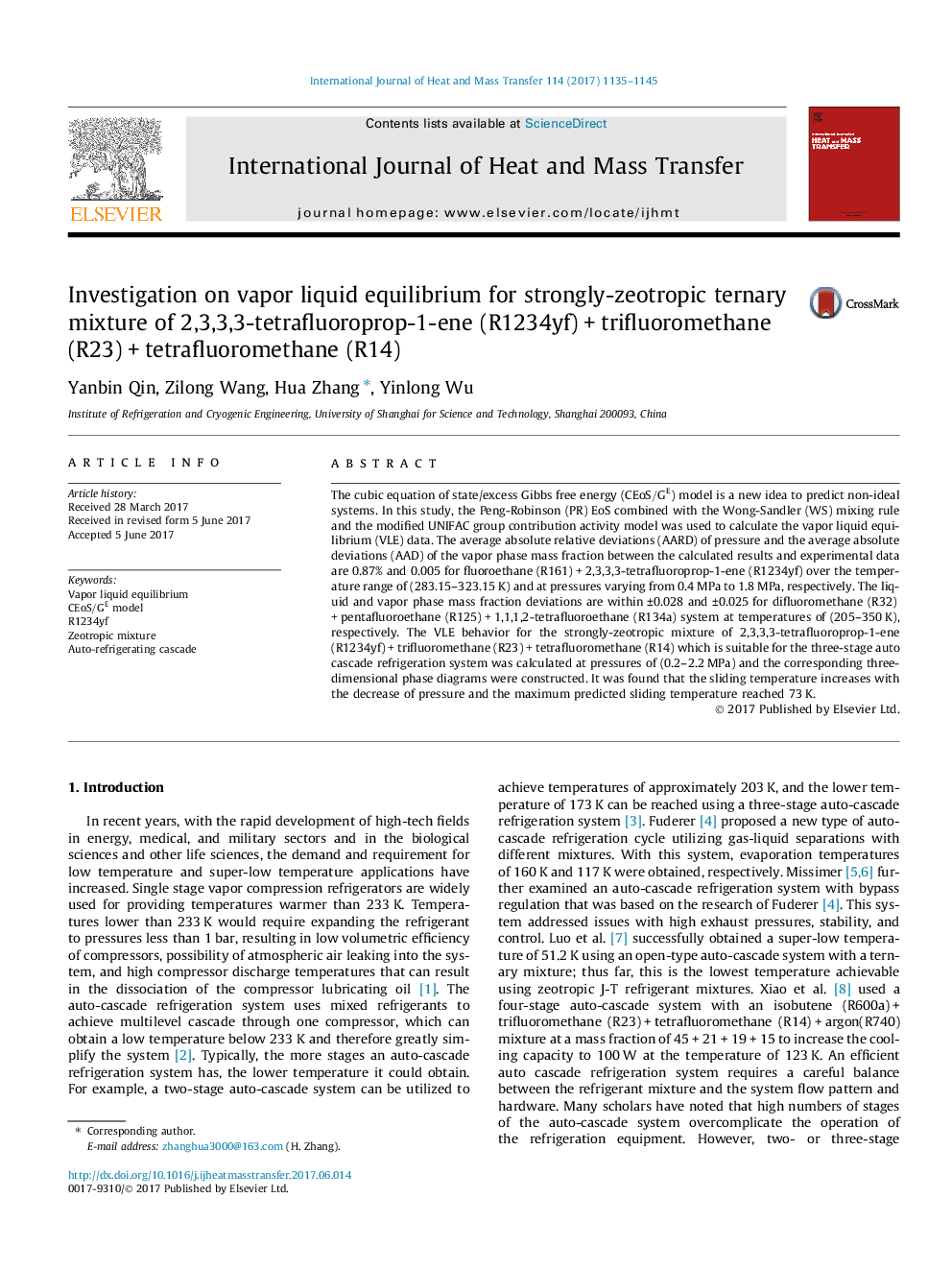 Investigation on vapor liquid equilibrium for strongly-zeotropic ternary mixture of 2,3,3,3-tetrafluoroprop-1-ene (R1234yf)Â +Â trifluoromethane (R23)Â +Â tetrafluoromethane (R14)