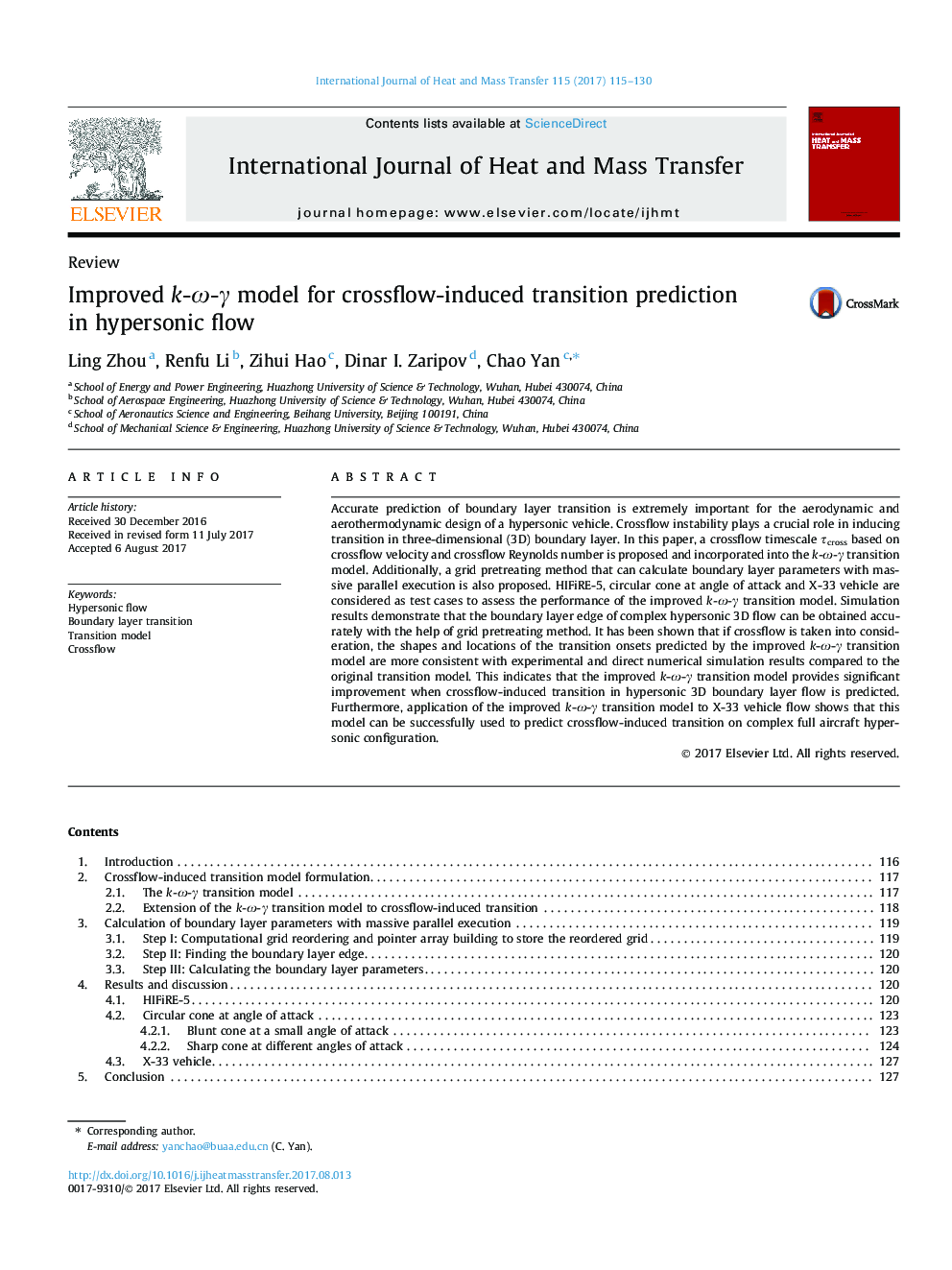 Improved k-Ï-Î³ model for crossflow-induced transition prediction in hypersonic flow