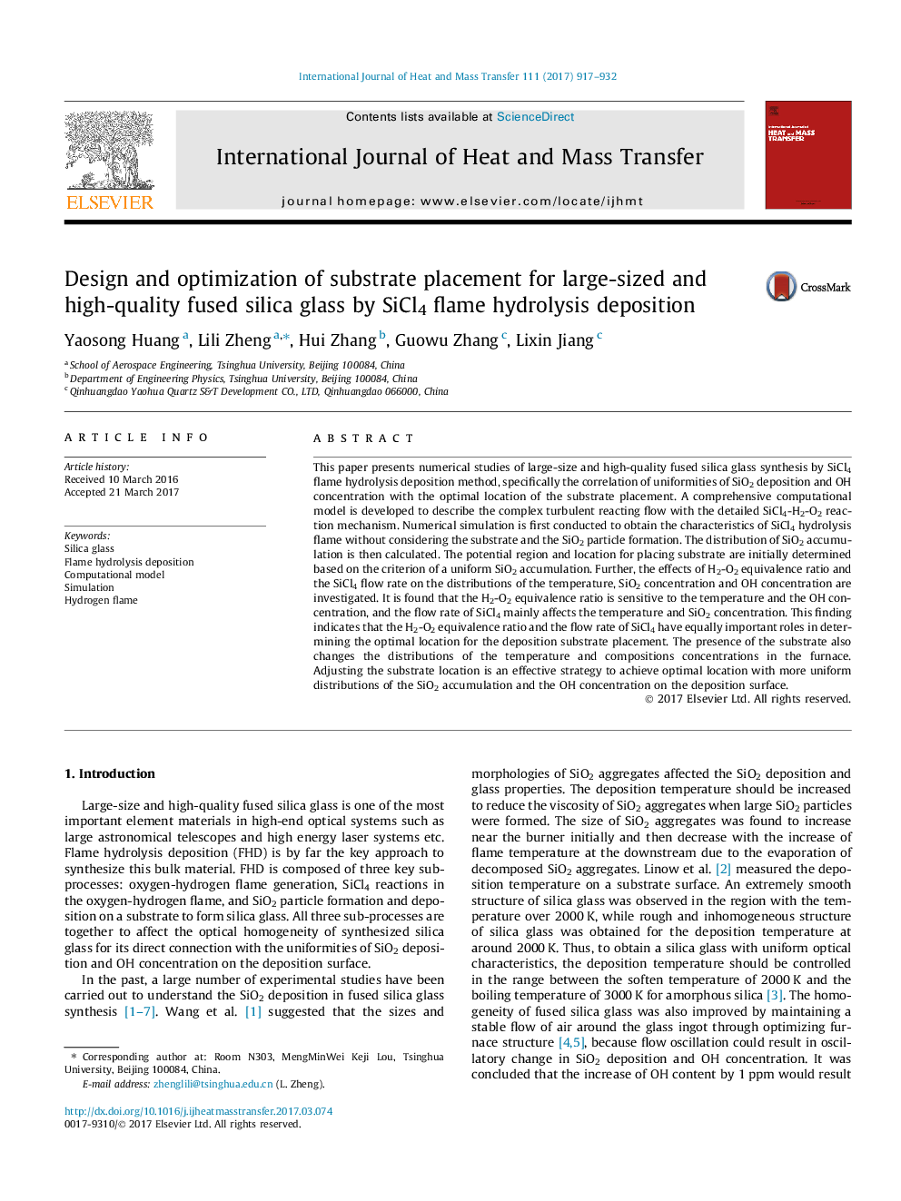 Design and optimization of substrate placement for large-sized and high-quality fused silica glass by SiCl4 flame hydrolysis deposition