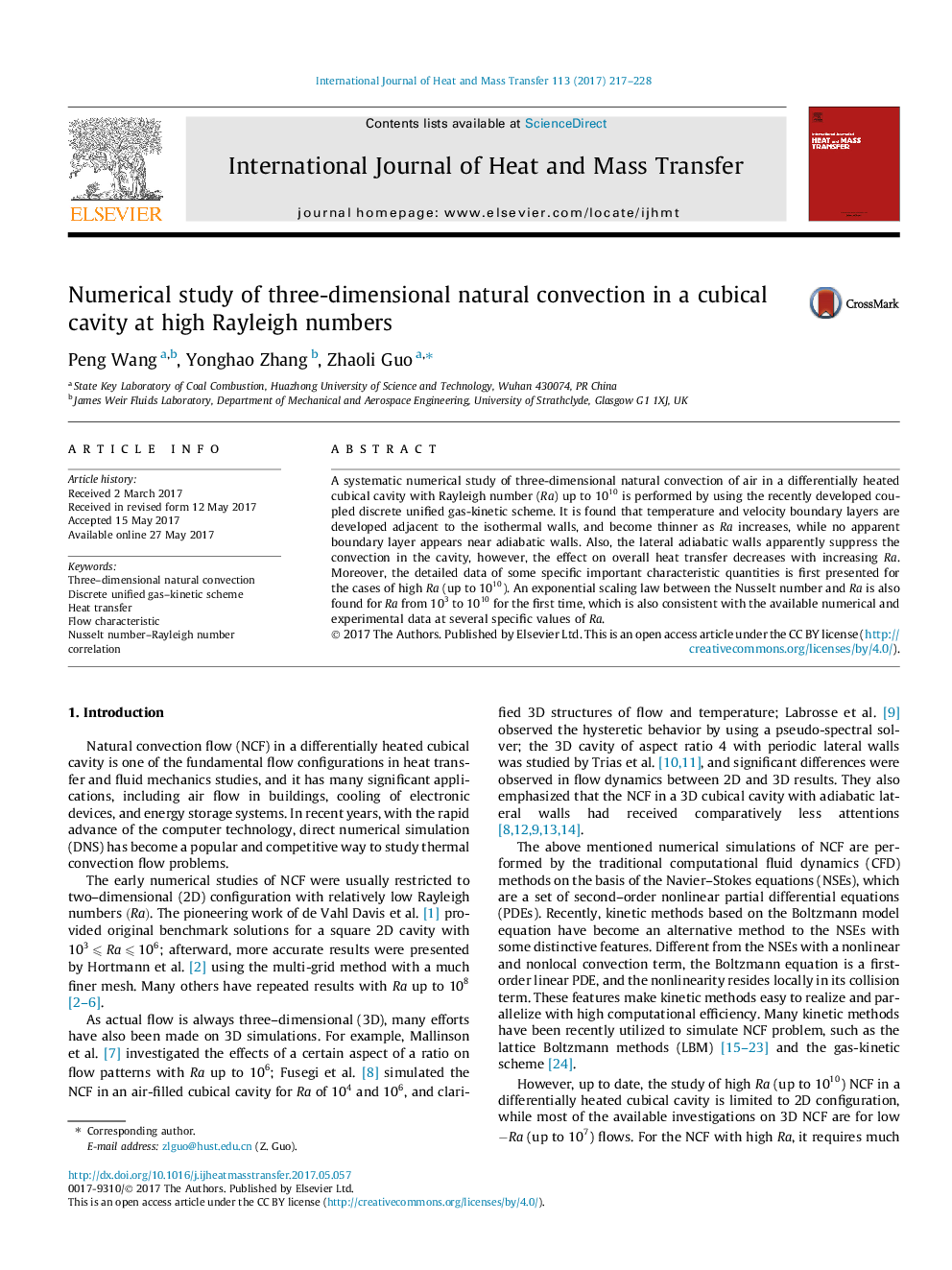 Numerical study of three-dimensional natural convection in a cubical cavity at high Rayleigh numbers