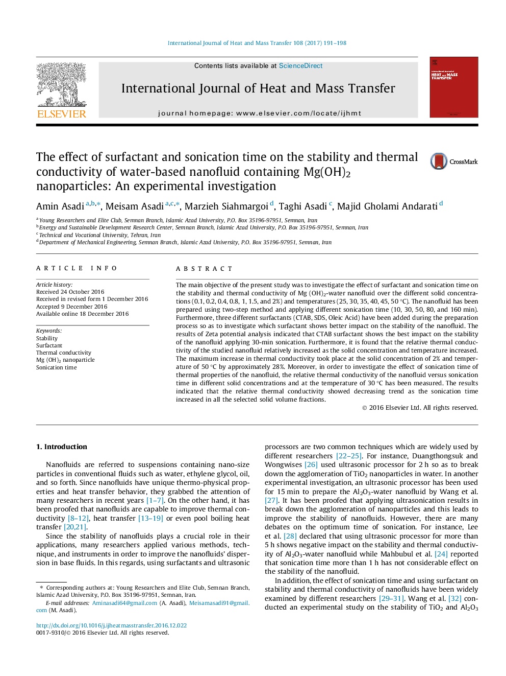 The effect of surfactant and sonication time on the stability and thermal conductivity of water-based nanofluid containing Mg(OH)2 nanoparticles: An experimental investigation