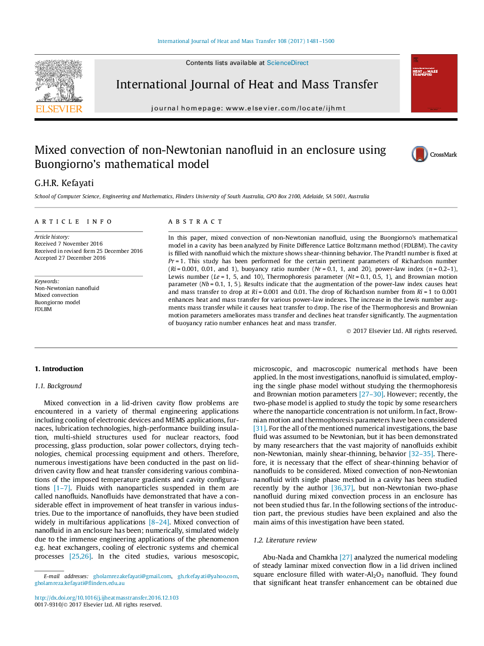 Mixed convection of non-Newtonian nanofluid in an enclosure using Buongiorno's mathematical model