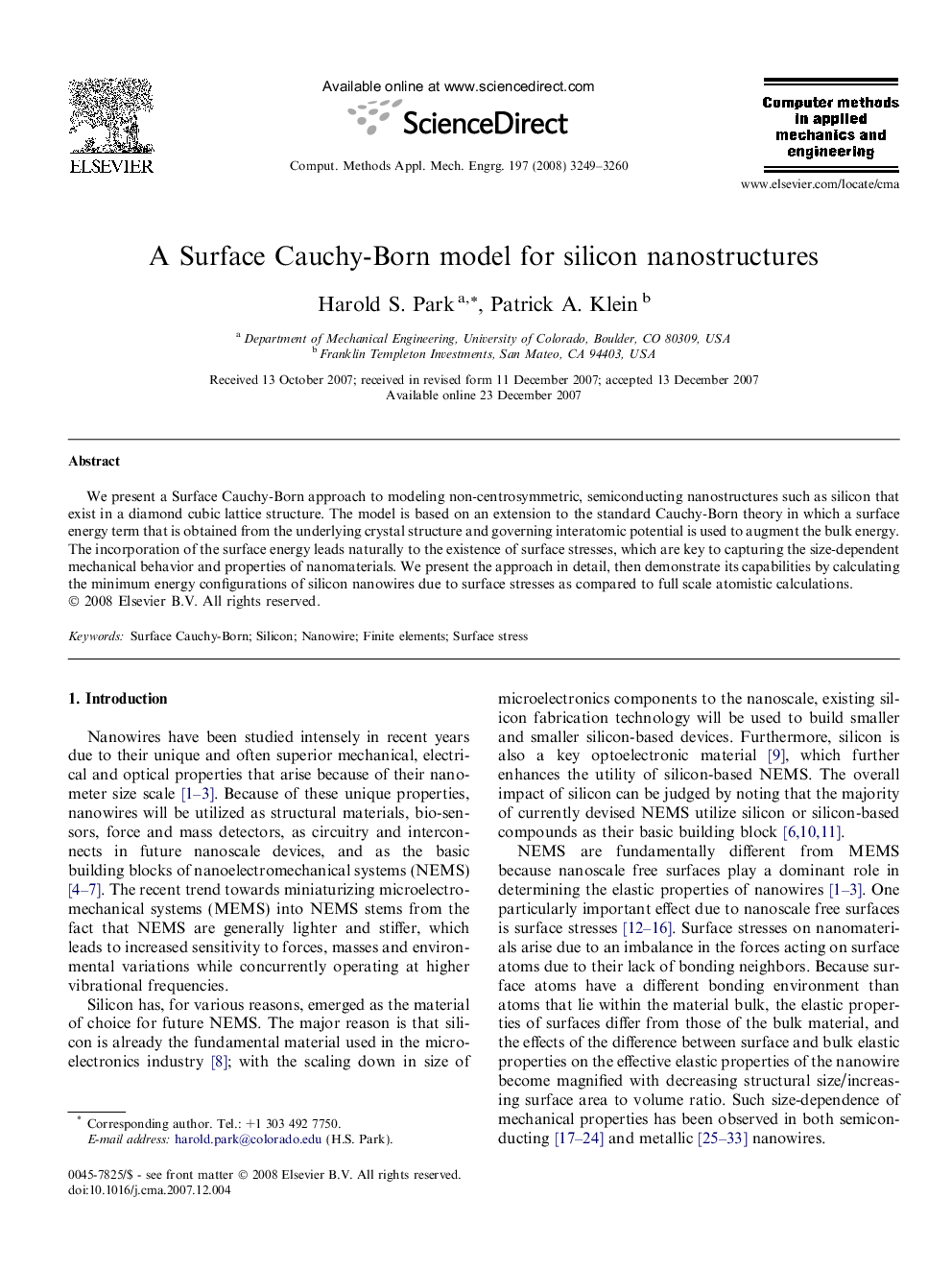 A Surface Cauchy-Born model for silicon nanostructures