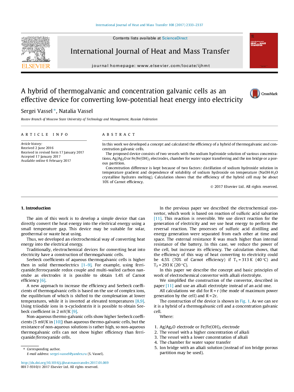 ترکیبی از سلول های گالوانیک ترموالالانیک و غلظت به عنوان یک دستگاه موثر برای تبدیل انرژی حرارتی کم توان به برق 