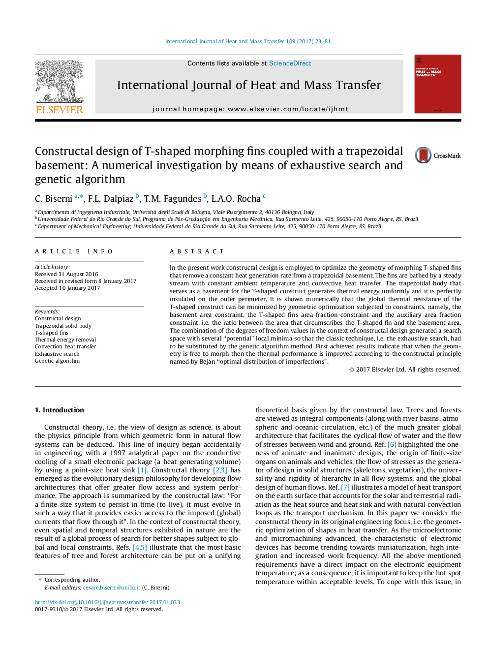 Constructal design of T-shaped morphing fins coupled with a trapezoidal basement: A numerical investigation by means of exhaustive search and genetic algorithm