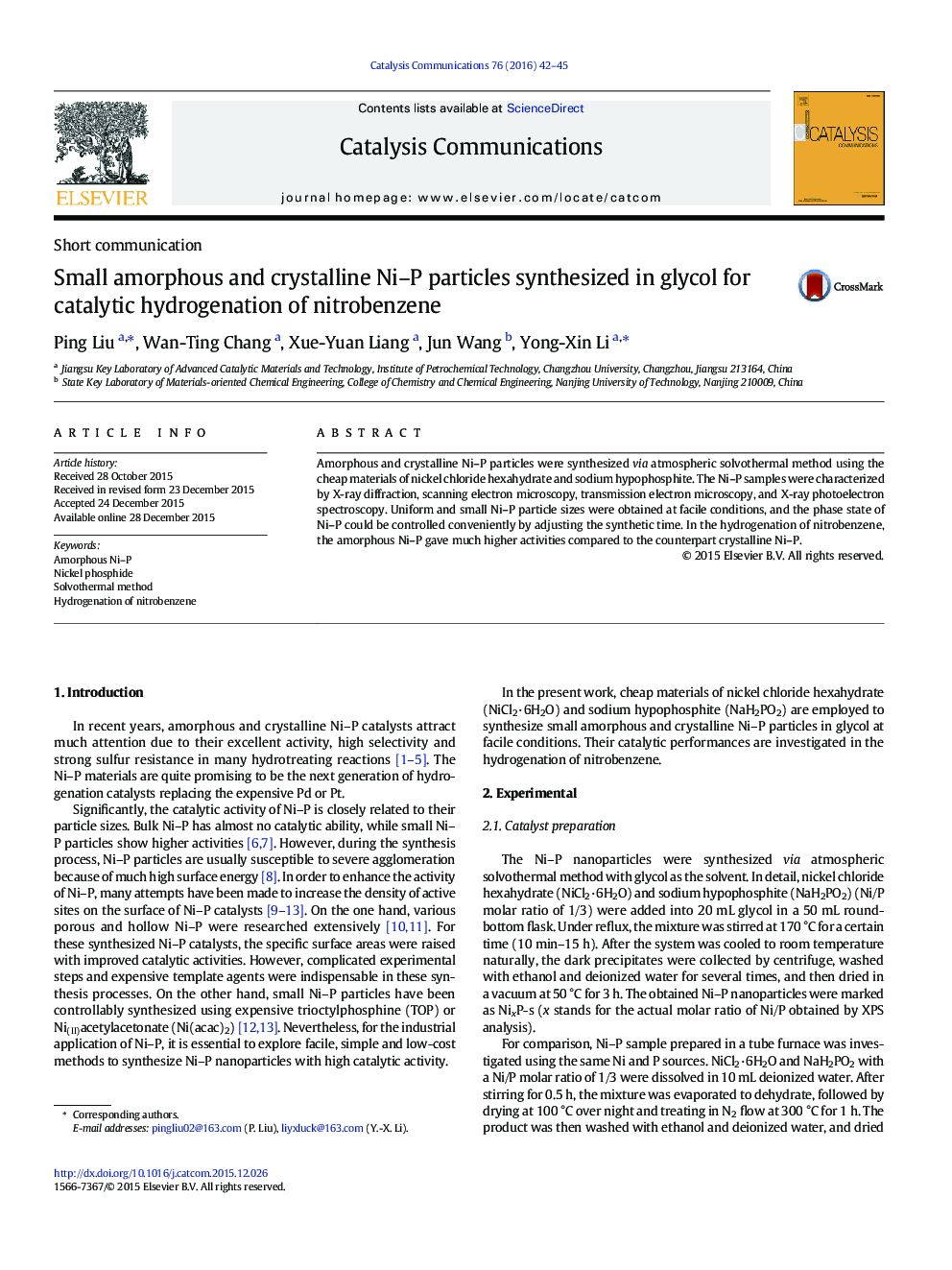 Small amorphous and crystalline Ni–P particles synthesized in glycol for catalytic hydrogenation of nitrobenzene