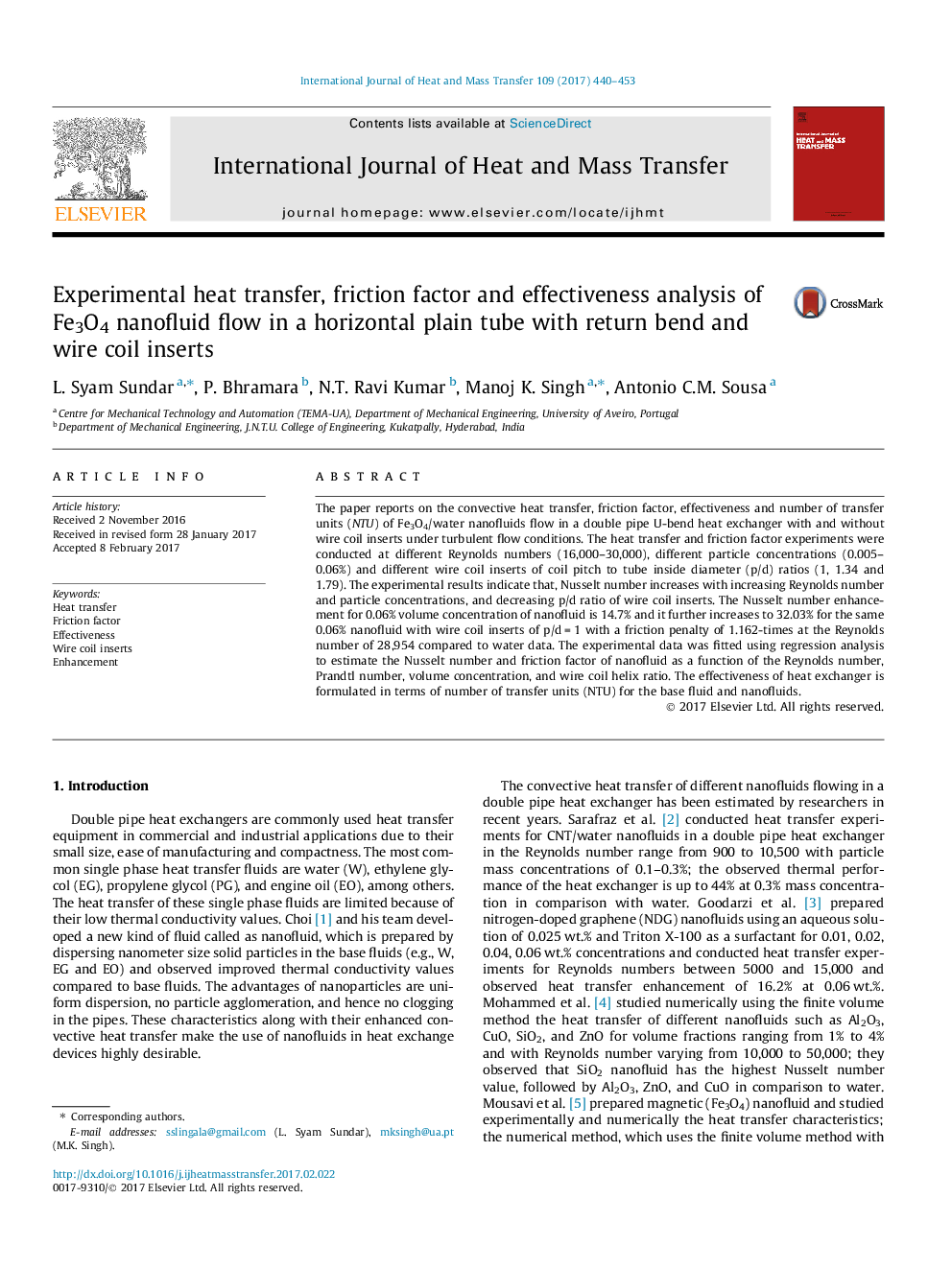 Experimental heat transfer, friction factor and effectiveness analysis of Fe3O4 nanofluid flow in a horizontal plain tube with return bend and wire coil inserts