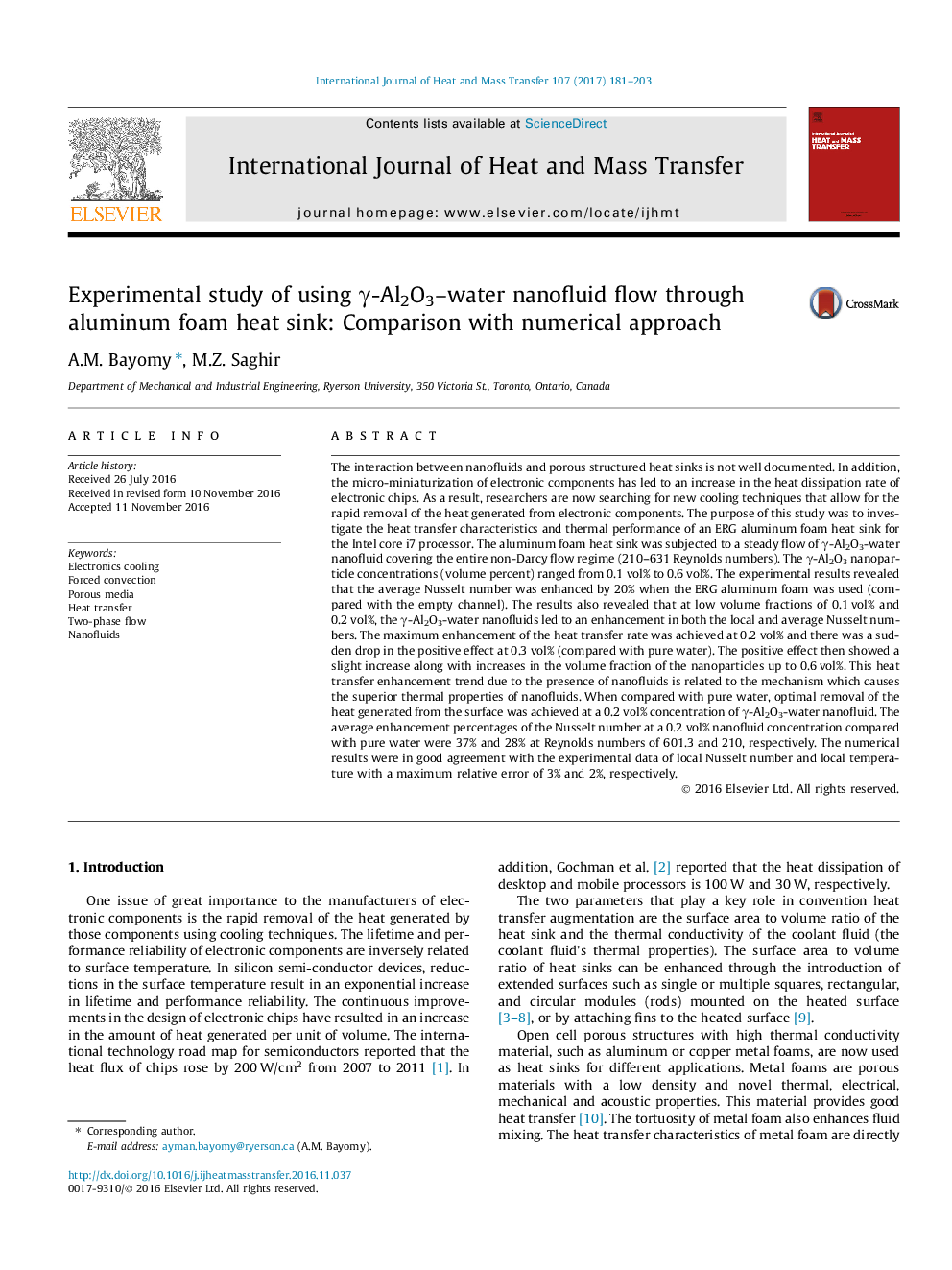 Experimental study of using Î³-Al2O3-water nanofluid flow through aluminum foam heat sink: Comparison with numerical approach