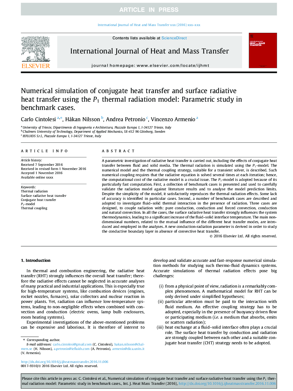 Numerical simulation of conjugate heat transfer and surface radiative heat transfer using the P1 thermal radiation model: Parametric study in benchmark cases.