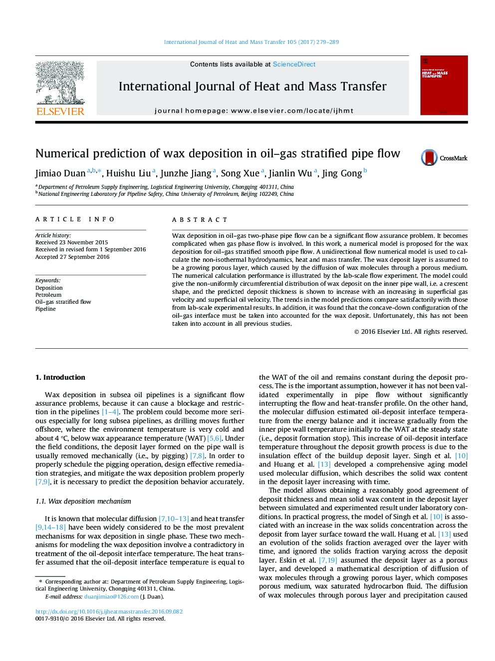 Numerical prediction of wax deposition in oil-gas stratified pipe flow