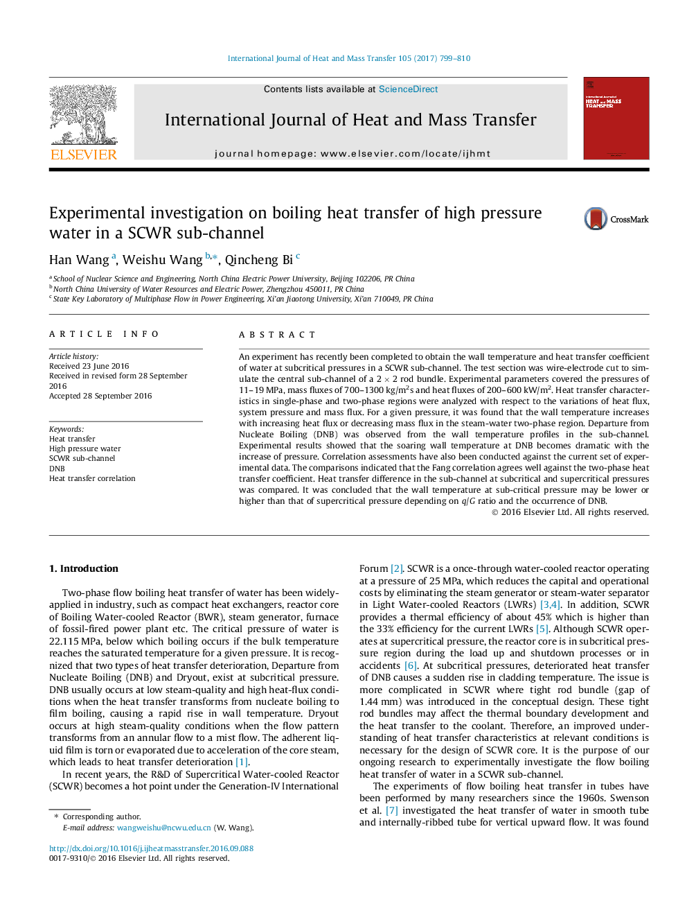 Experimental investigation on boiling heat transfer of high pressure water in a SCWR sub-channel