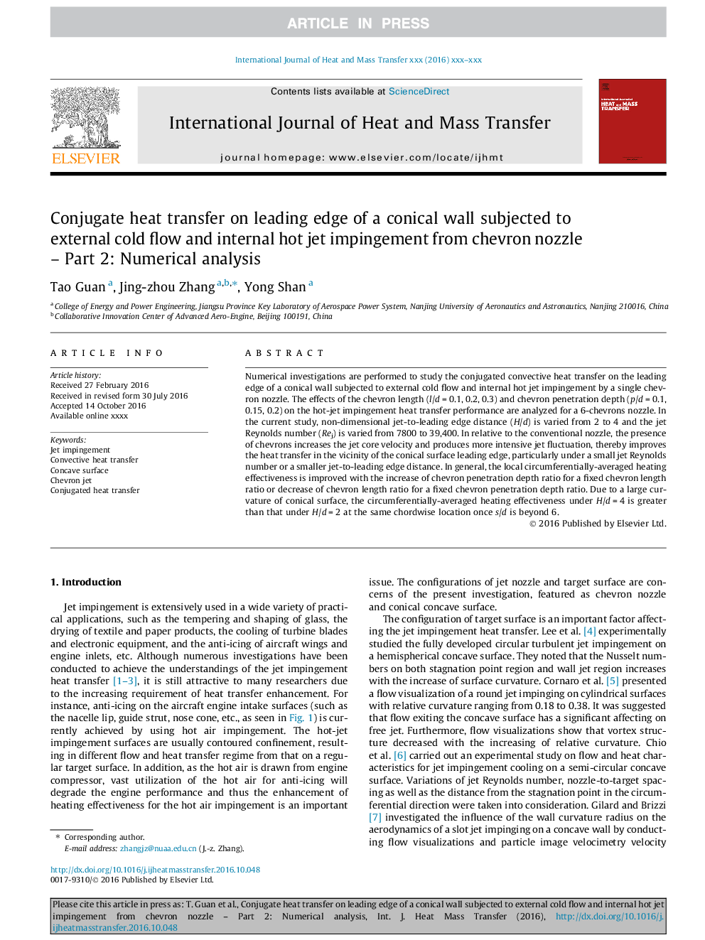 Conjugate heat transfer on leading edge of a conical wall subjected to external cold flow and internal hot jet impingement from chevron nozzle - Part 2: Numerical analysis