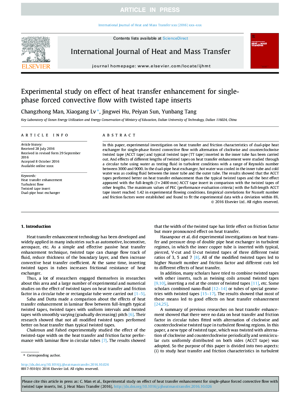 Experimental study on effect of heat transfer enhancement for single-phase forced convective flow with twisted tape inserts